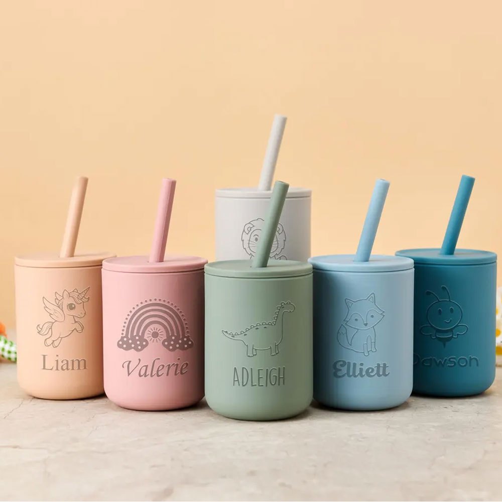 名前入りシリコン製子供用ストローカップ、かわいい動物のイラス - Baby Food Jars With Lids のレビューと価格
